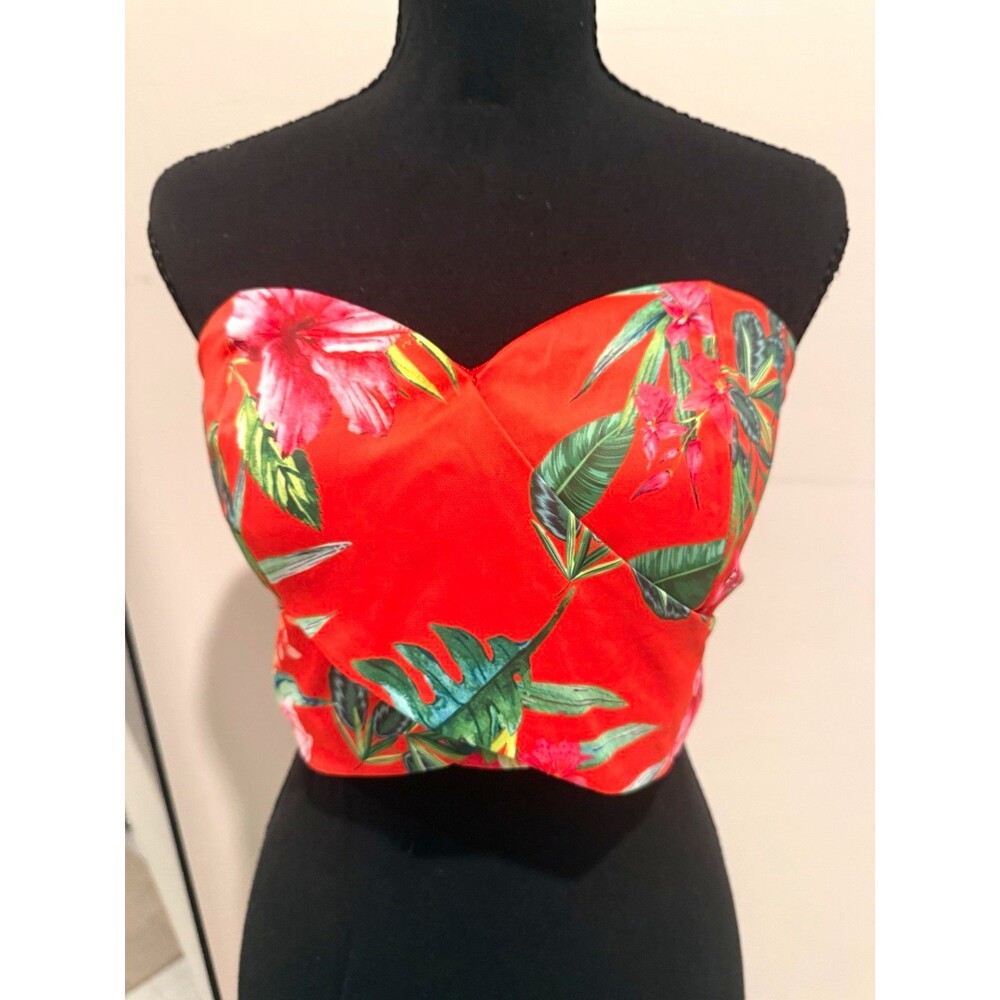 Chicways Womens S Orange/Green/Pink Tropical Floral Smocked Cropped Tube Top